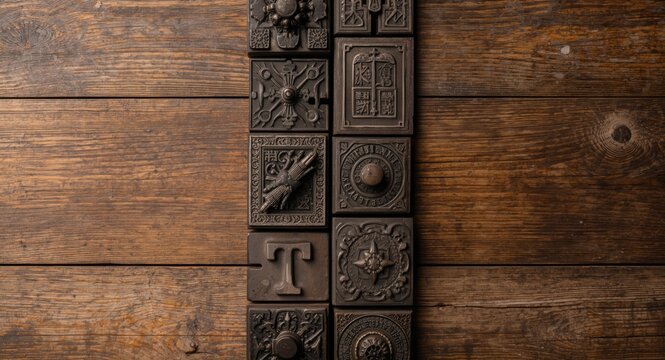 Weathered timber surface supporting vintage metal printing blocks in textured nostalgic layout
