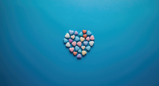 Varied heart shaped pills arranged on a bold blue background illustrating pharmaceutical care