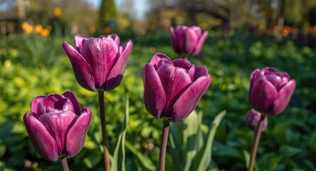 Obraz premium Purple tulips featuring velvety textured petals in spring garden