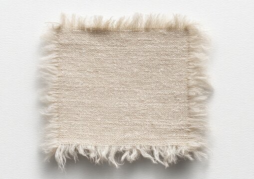 Close-up of a square textile swatch with frayed edges, centered on a white background