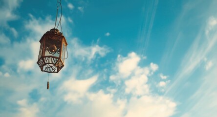 Obraz premium Ornamental lantern suspended before a radiant blue sky filled with light cloud formations inspiring calm
