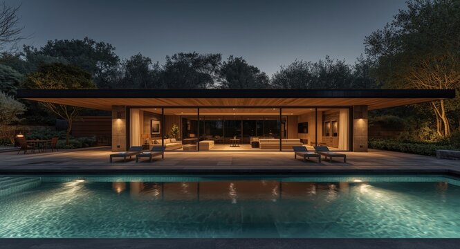 Modern architectural renovation with open floor plan, distinct bedroom wing, expansive patio with pool, and a sheltered deck for sauna use