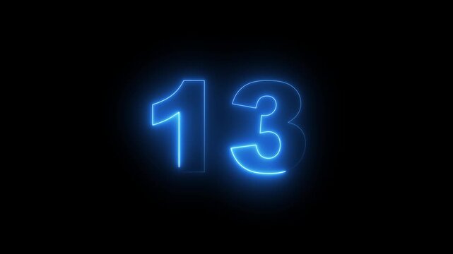 Abstract glowing neon text 13 number countdown icon. Glowing sign on black background Neon number 10090 with alpha channel, simple blue neon color