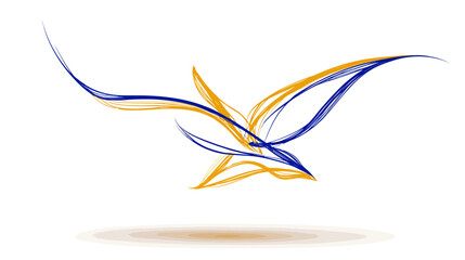 Obraz premium Abstract graphic depicts a soaring bird shape. Yellow and blue brushstrokes, white background, shadow
