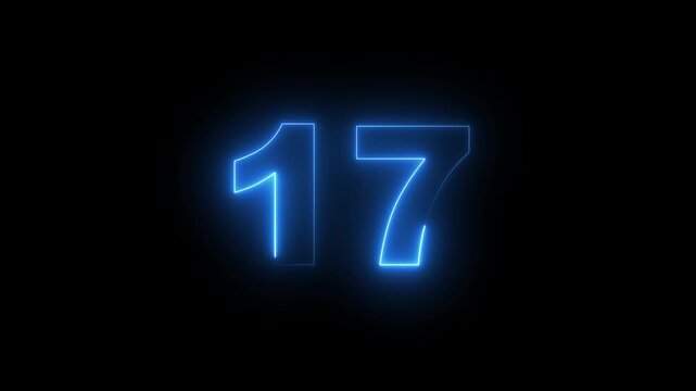 Abstract glowing neon text 17 number countdown icon. Glowing sign on black background Neon number 10090 with alpha channel, simple blue neon color
