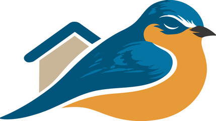 Obraz premium A stylized bird rests near a small house with a blue roof, and a tan wall, set against a white backdrop