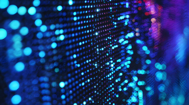 A digital screen that glows blue and purple has a macro view and features RGB pixels texture, tech display background, electronic hardware aesthetic, and a smart trendy mosaic backdrop for digital AI 