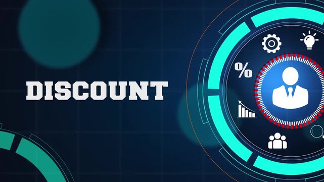 Business discount strategy and retail sales management concept on a high tech digital blue background with glowing icons for professional marketing and growth