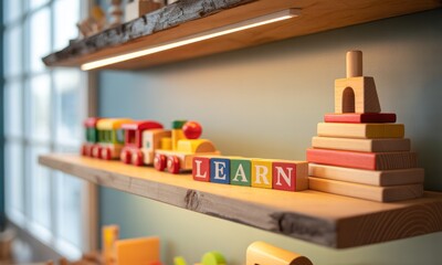Wooden train and blocks spelling "LEARN" on shelves, educational toys
