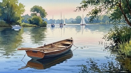 Obraz premium Watercolor painting of a lake with boats and a rowboat peaceful landscape