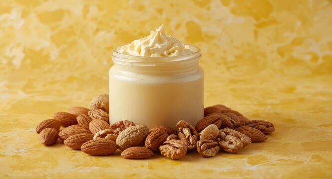 Shea butter with assorted nuts on a bright textured backdrop