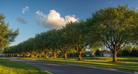 Residential zone entry highlighted by a linear array of mature trees