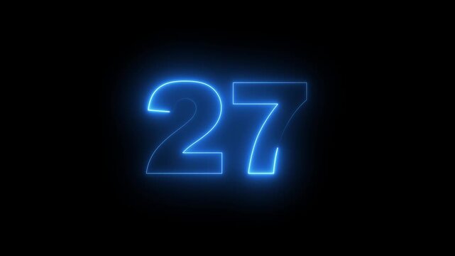Abstract glowing neon text 27 number countdown icon. Glowing sign on black background Neon number 10090 with alpha channel, simple blue neon color