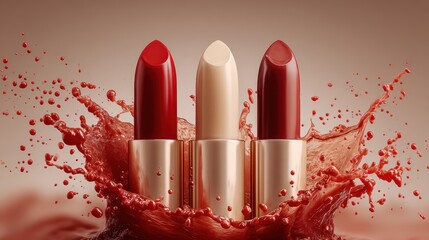Colorful lipstick make up isolated on a studio background,banner cosmetic concept,Beige nude natural tone and red ,pink Liquid lipsticks,swatch color,for sale product mockup for beauty.