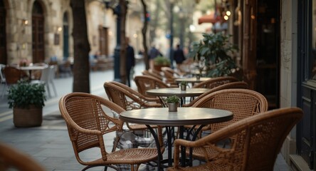 Obraz premium Outdoor street cafe seating arrangement with sturdy iron tables and woven rattan chairs