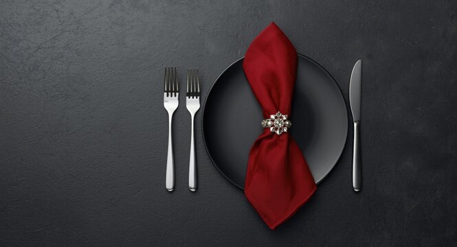 Minimalist flat lay of a stylish dinner table showing a red fabric napkin with a decorative ring and silver cutlery on a dark textured surface