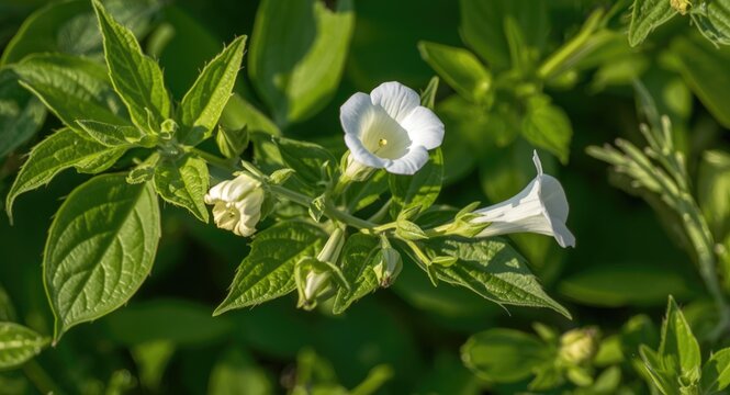 Close view of field bindweed perennial with open and closed white flowers on green leaves
