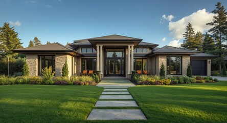 Obraz premium Luxury modern home exterior with upscale design and manicured landscaping