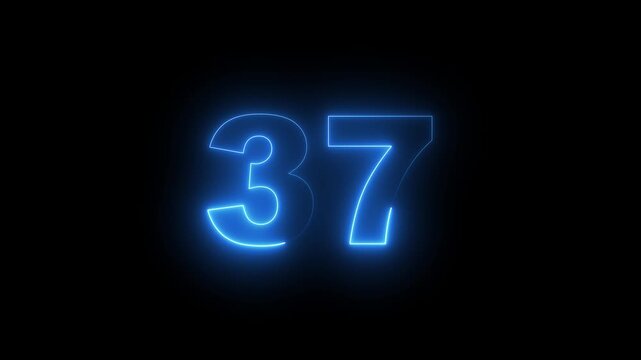 Abstract glowing neon text 37 number countdown icon. Glowing sign on black background Neon number 10090 with alpha channel, simple blue neon color