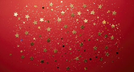 metallic gold stars placed on a smooth crimson red background with copy space