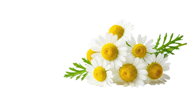 a macro photograph of delicate german chamomile flowers with white petals and vibrant yellow centers, covered in glistening dewdrops, isolated on a bright white background with copy space, concept of