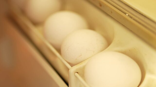 Sharp focus on the foreground egg revealing natural shell texture and faint brown speckles, while the background eggs dissolve into soft, creamy bokeh. 