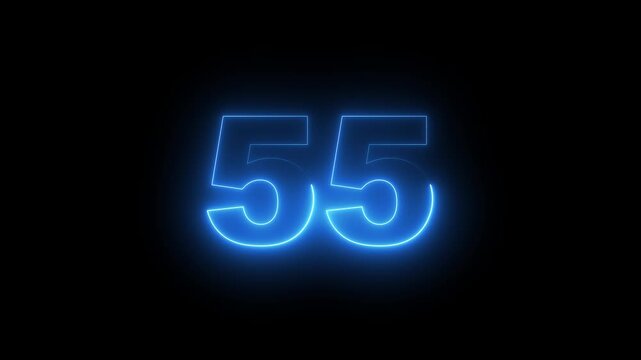 Abstract glowing neon text 55 number countdown icon. Glowing sign on black background Neon number 10090 with alpha channel, simple blue neon color