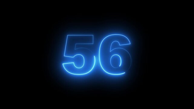 Abstract glowing neon text 56 number countdown icon. Glowing sign on black background Neon number 10090 with alpha channel, simple blue neon color