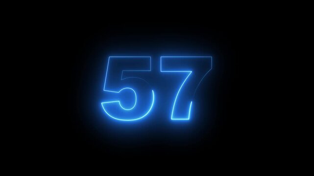 Abstract glowing neon text 57 number countdown icon. Glowing sign on black background Neon number 10090 with alpha channel, simple blue neon color