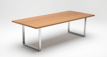 Rectangular wooden table with metal legs and hardwood plywood finish on white background