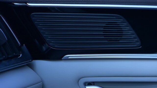 Inside a luxury vehicle, finely crafted speaker grilles shine against the rich texture of the dashboard, reflecting modern automotive style and attention to detail.