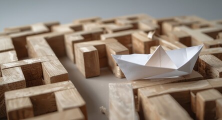 Business theme of overcoming obstacles with paper boat crossing wooden block maze and copy space