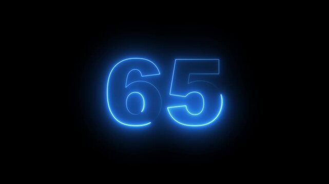 Abstract glowing neon text 65 number countdown icon. Glowing sign on black background Neon number 10090 with alpha channel, simple blue neon color