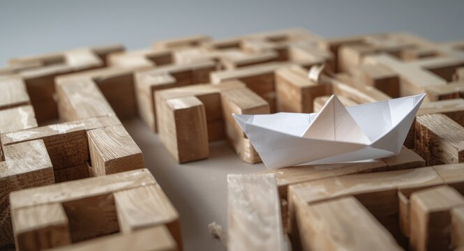 Business theme of overcoming obstacles with paper boat crossing wooden block maze and copy space