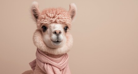 Fototapeta premium Cute pink llama with a soft scarf showing a lively and adorable spirit