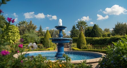 Fototapeta premium serene and picturesque garden scene with blue tiled fountain and copy space