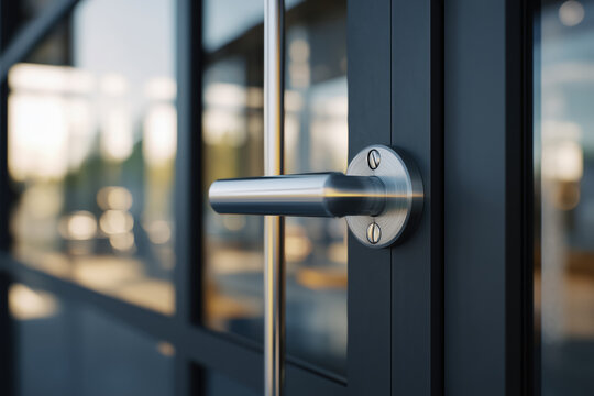 Close up of modern steel door handle on black frame glass entrance. Professional office or shop doorway in city. Concept of accessibility and business opening. Copy space.