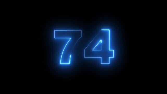 Abstract glowing neon text 74 number countdown icon. Glowing sign on black background Neon number 10090 with alpha channel, simple blue neon color