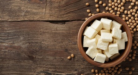 Fototapeta premium Rustic wood surface displaying natural textures with wooden bowl of soybeans and tofu for healthy eating