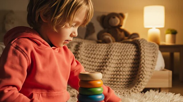 Adorable toddler boy concentrating on building a colorful wooden pyramid toy, developing fine motor skills and cognitive processes in a cozy, warmly lit bedroom before bedtime