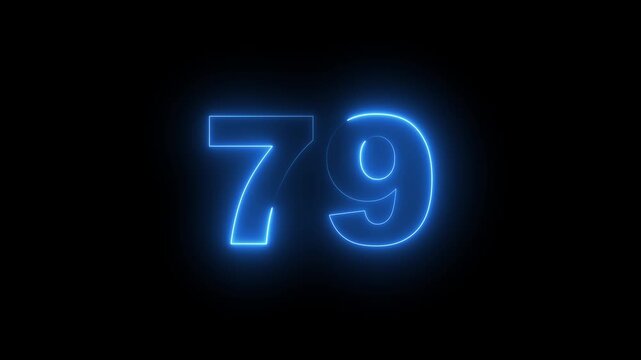 Abstract glowing neon text 79 number countdown icon. Glowing sign on black background