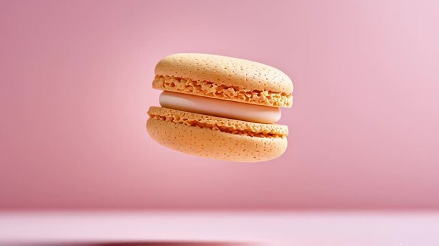 Floating peach macaron against soft pink background