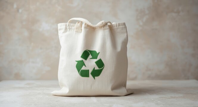 White reusable cloth bag made from cotton yarn featuring green recycle sign for environmental awareness programs