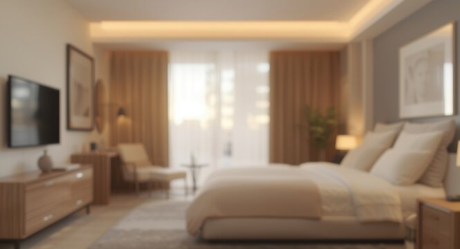 Soft ambient light blurring modern bedroom interior enhancing background suitability