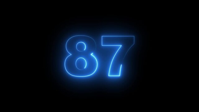 Abstract glowing neon text 87 number countdown icon. Glowing sign on black background