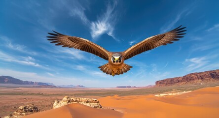 Naklejka premium Majestic falcon soaring over arid desert landscape