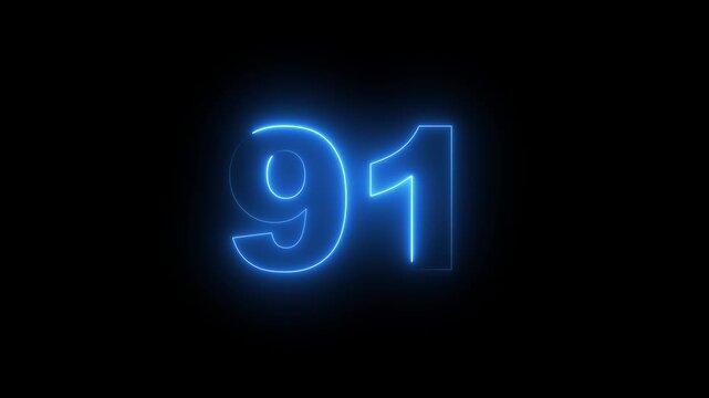 Abstract glowing neon text 91 number countdown icon. Glowing sign on black background