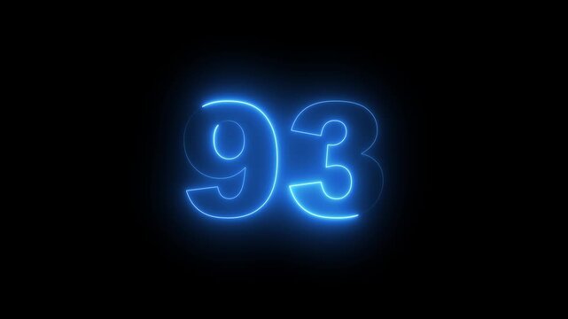 Abstract glowing neon text 93 number countdown icon. Glowing sign on black background