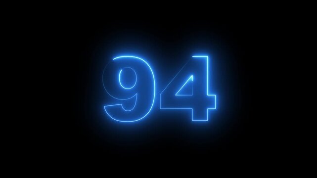 Abstract glowing neon text 94 number countdown icon. Glowing sign on black background