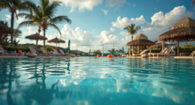 Three friends lounging and splashing playfully in a warm outdoor pool on vacation